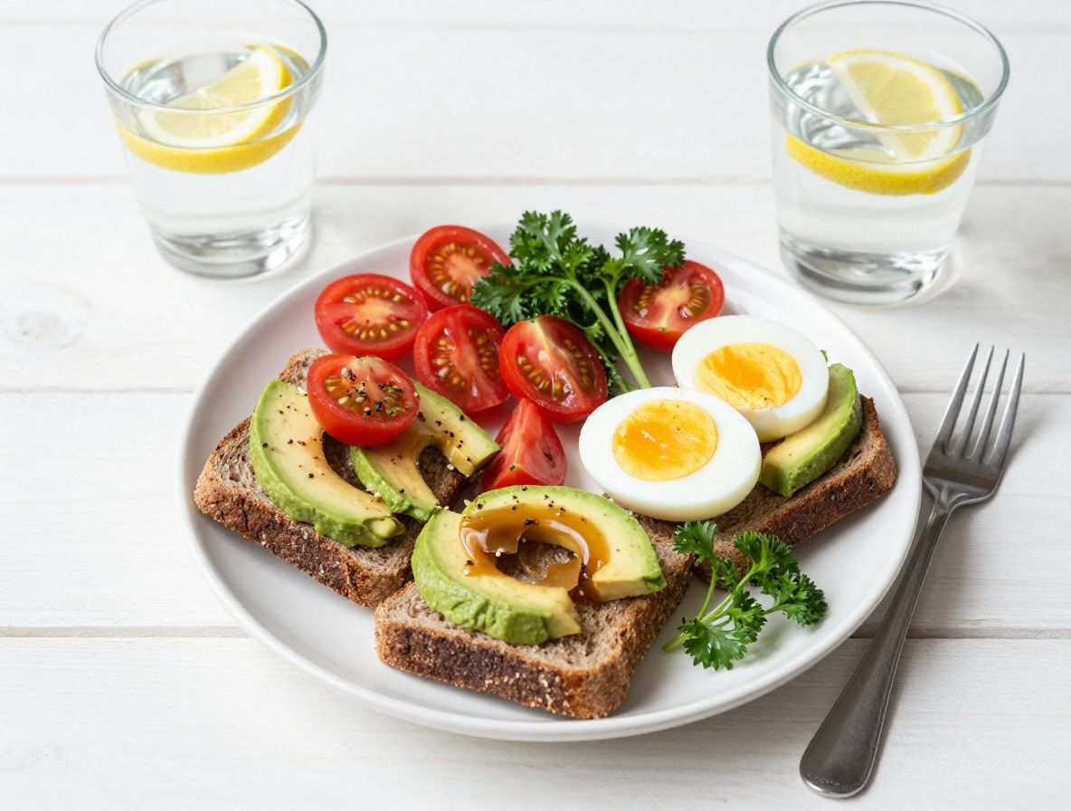Neatly arranged flat-lay of healthy Nordic-inspired breakfast: rye bread slices, sliced avocado, cherry tomatoes, boiled eggs, fresh herbs and a glass of water with lemon slices, overhead view on a clean white wooden table