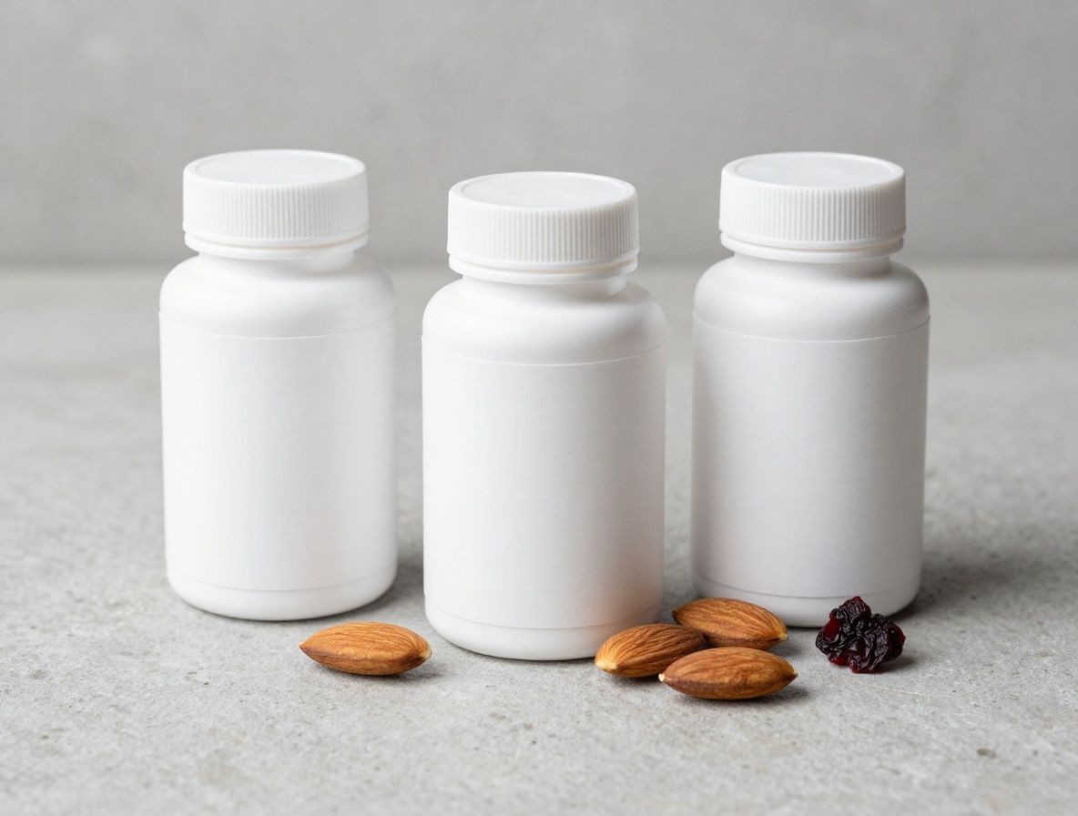 Three clean white supplement capsule bottles with minimalist labels arranged on a light grey stone surface with a few scattered whole almonds and dried elderberries, neutral studio lighting, no visible brand names or text on bottles