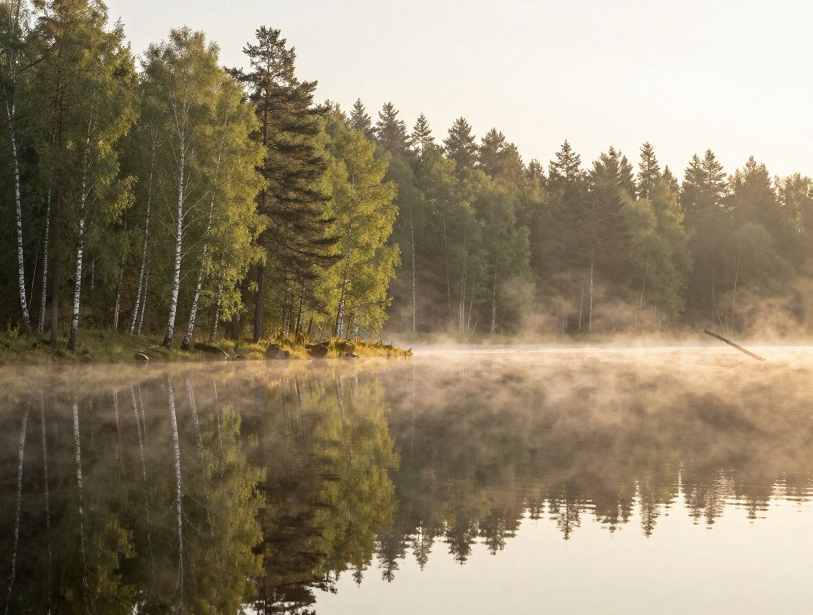 Serene Swedish lakeside landscape at dawn with calm reflective water, birch and pine forest on the banks, soft morning mist, and golden early light filtering through the trees, evoking health and natural tranquility