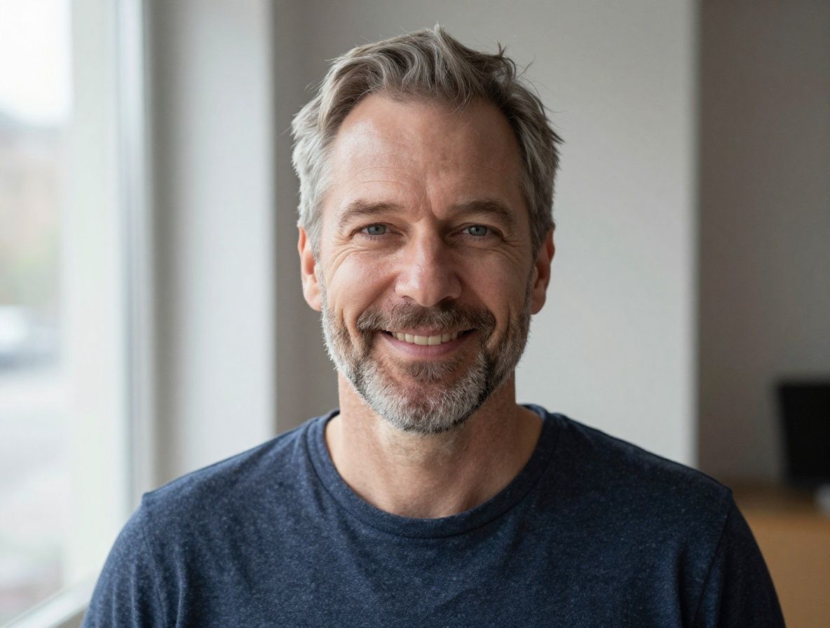 Portrait of a friendly middle-aged Swedish man with short grey hair and a light beard in a casual setting, soft daylight from a nearby window, neutral background