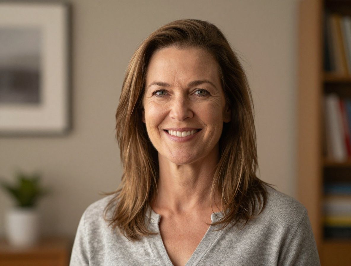 Portrait of a smiling middle-aged Swedish woman with light brown hair in a casual indoor setting with soft warm lighting, neutral background